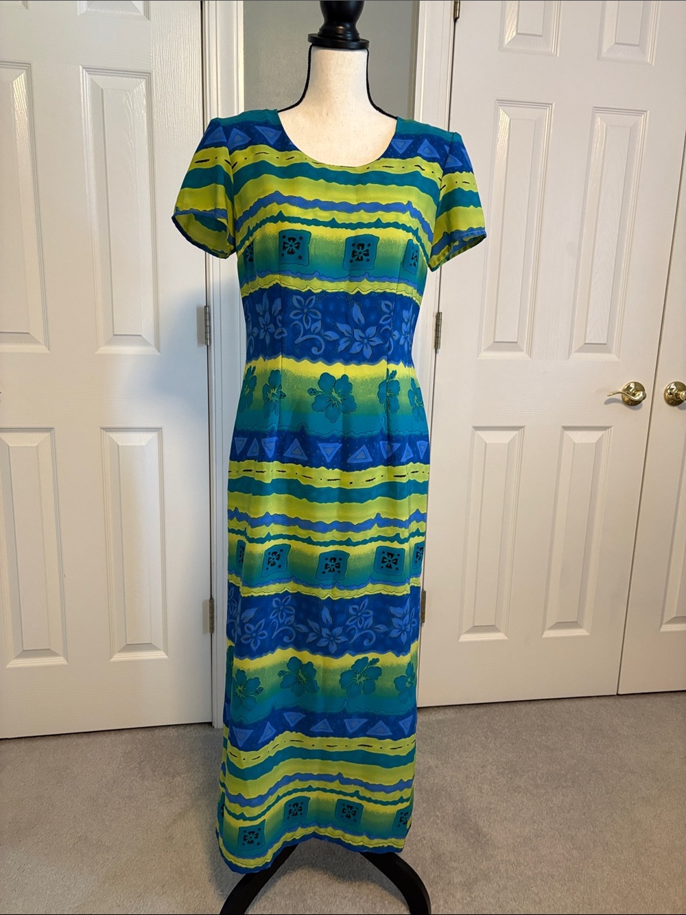 Blue and Green Striped Floral Short-Sleeve Maxi Dress